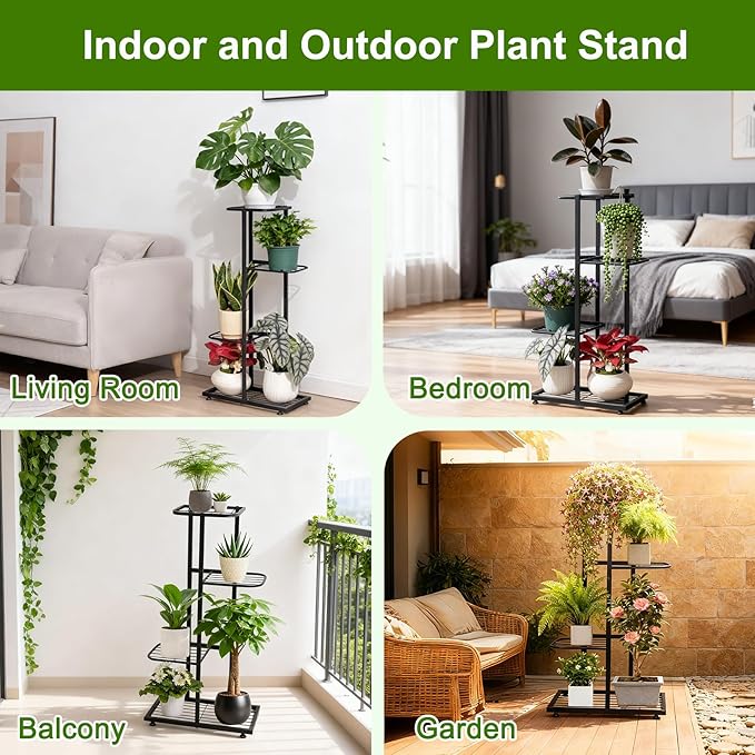 Plant Stand Indoor Outdoor, Corner Metal Plant Stands, Heavy Duty Tall Planter Shelf for Multiple Plants, Flower Pot Holder for Patio Garden Balcony Living Room (Black, 4 Tier-5 Potted) Rootora