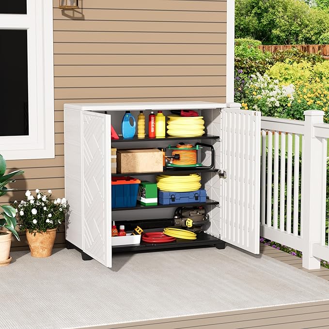 Outdoor/Indoor Storage Box,Resin and Plastic Storage Cabinet Waterproof,Outdoor Cabinet for Patio/Garden/Balcony/Backyard/All Room(with 3 Shelves)-White Mrosaa