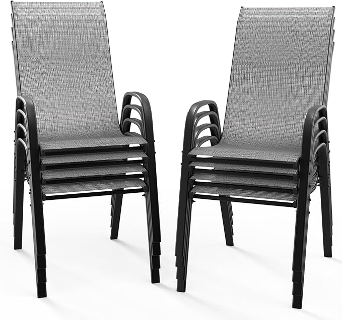 VINGLI Patio Chairs Set of 8 – Stackable Outdoor Dining Chairs with Comfortable Sling High Back Chairs and Armrests for Lawn, Poolside, Courtyard, Balcony, Garden, Silver Gray VINGLI