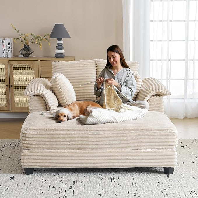 VINGLI 56" Oversized Chaise Lounge Chair, Beige Comfy Corduroy Chaise Sofa Recliner Bed Upholstered Sleeper Couch Bed with Throw Pillows and Armrests for Living Room, Movie Room, Bedroom VINGLI
