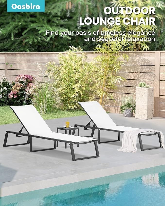 Aluminum Chaise Lounge Chair Outdoor, Foldable & Assembly Free Patio Pool Lounge Chairs 5-Position Recliner for Outside Poolside, Fully Grounded Legs Sun Lounger for Beach, Yard, Bright White Oasbira