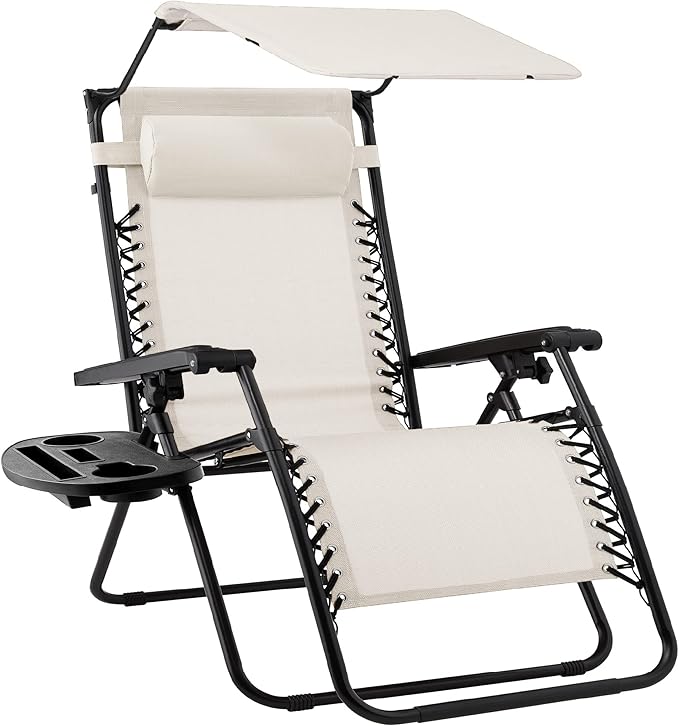 Best Choice Products Folding Zero Gravity Outdoor Recliner Patio Lounge Chair w/Adjustable Canopy Shade, Headrest, Side Accessory Tray, Textilene Mesh - Ivory BestChoiceProducts