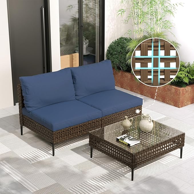 Grand patio 3-Piece Wicker Patio Furniture Set, Retro Outdoor Sectional Sofa with Water Resistant Blue Thick Cushions and Coffee Table, Brown GrandPatio