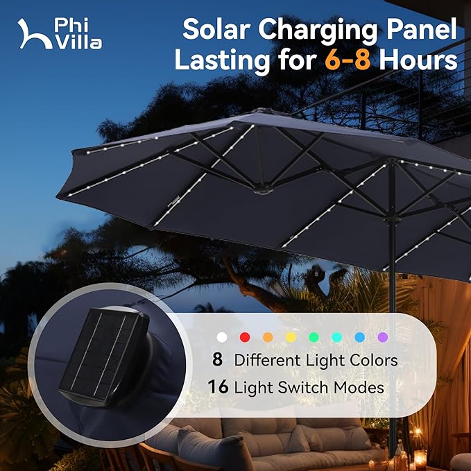 PHI VILLA 13ft Patio Umbrella with Solar-Powered 120 PCS LED Color-Changing Lights, Triple-Head Large Rectangle Umbrella Outdoor Patio for Table with Crank Lift,Navy Blue(No Base) PHIVILLAThepioneerofcomfortablehouseholdsupplies