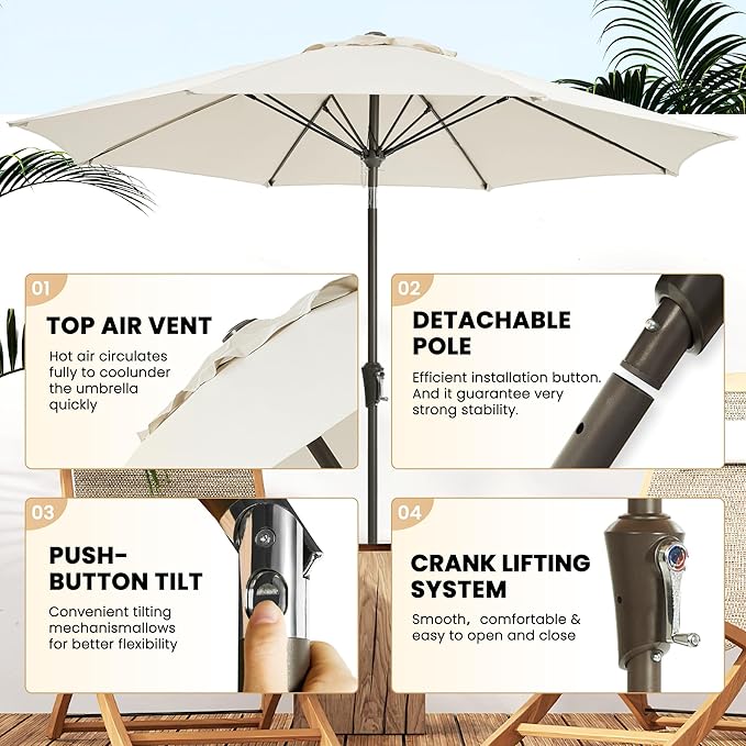 Ayge 9FT Large Outdoor Patio Umbrella Market Table Umbrella-UV Resistant, Easy Push Button Tilt and Crank, 8 Sturdy Fiberglass Ribs Heavy-Duty Pool Umbrella for Deck, Backyard,Garden,White AYGE