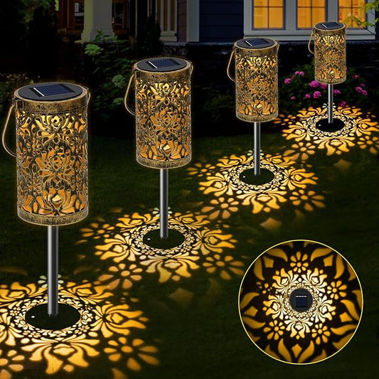 4 Pack Solar Pathway Lights Lights Outdoor, LED Solar Lantern Bright Metal Retro Waterproof, Outside Decorative Rose Hanging Lanterns Solar Powered for Path Lawn Patio Yard Walkway (Rose, 4 Pack) MMHFSolarLightsOutdoor