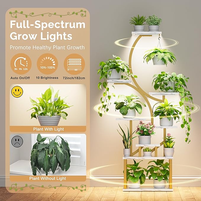 Plant Stand Indoor with Grow Lights - 62" Tall Plant Shelf, Lighted Corner Plant Stands for Indoor Growing, 8 Tiered Large Flower Holder, S-Shaped Plants Rack for Living Room, Bedroom, Faux Marble BACEKOLL