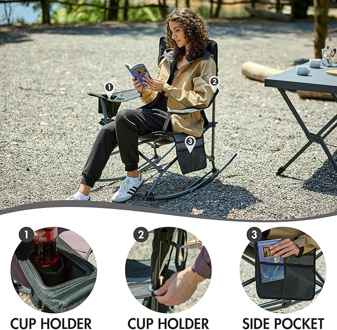 Portal Outdoor Rocking Chair Camping Folding Portable Rocker with Cup Holder Side Pocket Carry Bag, Support 350LBS (Black) PORTAL