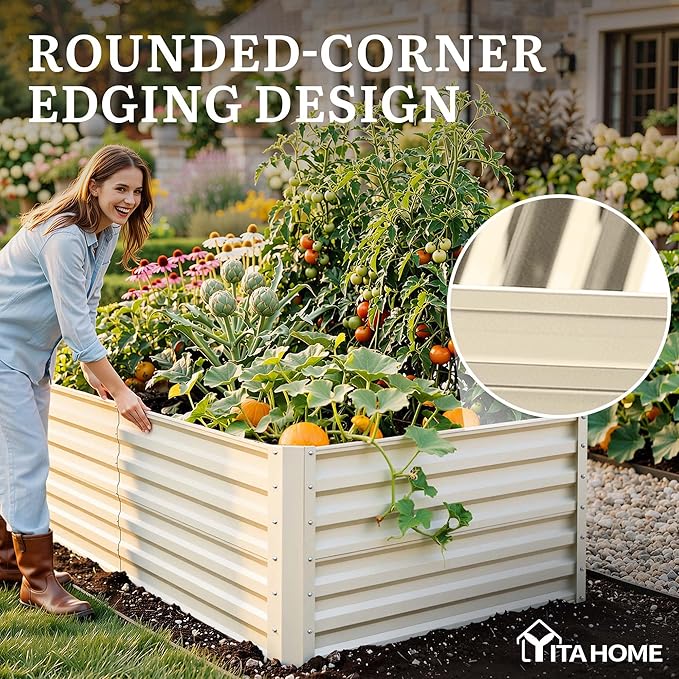 YITAHOME 6x3x2ft 2pcs Large Raised Garden Bed Kit, Galvanized Metal Planter Box with Gloves, Support Rod, Outdoor Above Ground Planters for Plants Vegetables Flowers, Cream Yellow YITAHOME