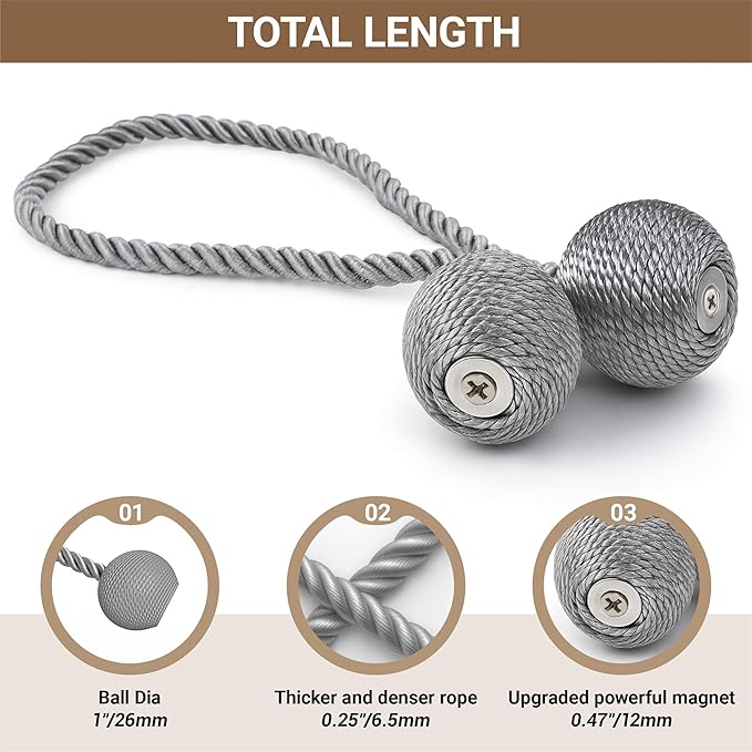 Hion Magnetic Curtain Tiebacks Grey 2pcs, Curtain Tiebacks Buckles Holdbacks Holders Hooks Clip for Home Bedroom Office Decorative Curtain Hion