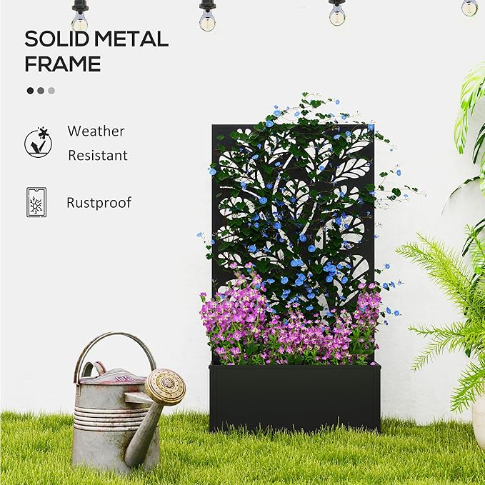 Outsunny Metal Raised Garden Bed with Trellis for Climbing Plants, Freestanding or Wall Mounted Flower Bed with Privacy Panel, Twigs and Leaves Cut-Outs Outdoor Planter Box for Garden, Patio, Balcony Outsunny