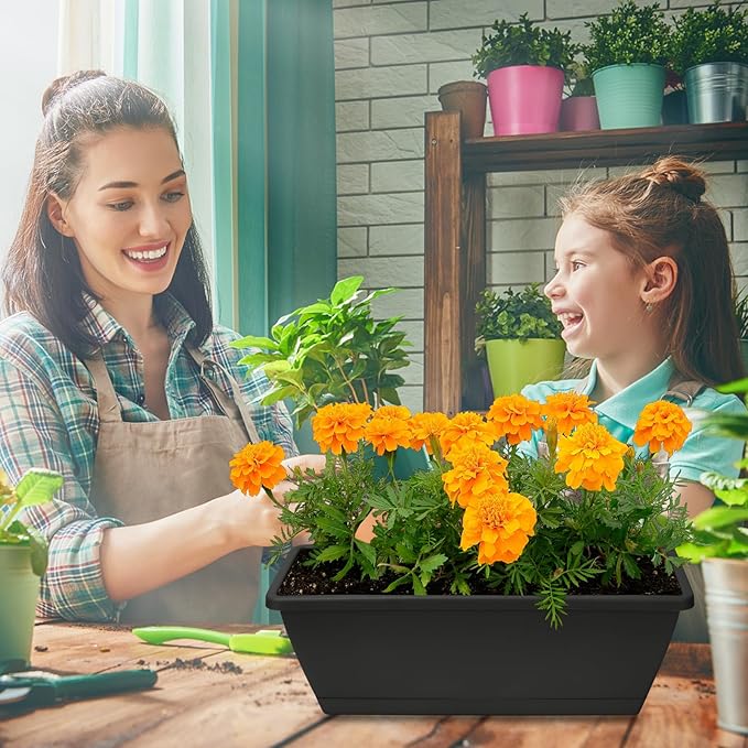 Window Box Planter, 6 Packs 17 Inches Rectangle Planters Box with Drainage Holes and Trays, Vegetable Planters for Windowsill Patio Garden Home Decor Porch Yard Dark Gray OSMOFUZE