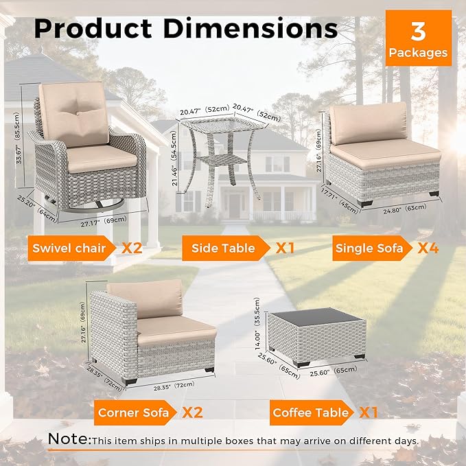 8-Seat Modern Patio Furniture Set with Swivel Rocking Chairs, Thick 4″ Cushions, Dual-Strand Wicker Rattan, Rust-Resistant Steel Frame – Outdoor Conversation & Modular Sectional,Beige MASIONBACKYARDS
