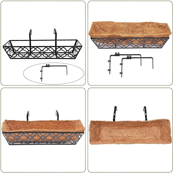 HFHOME 4 Pcs 30" Window Box Deck Railing Planter with Horse Trough Coco Liners, Black Metal Hanging Flower Planters Baskets for Indoor, Outdoor, Balcony, Porch, Fence, Patio, and Lawn HFHOME