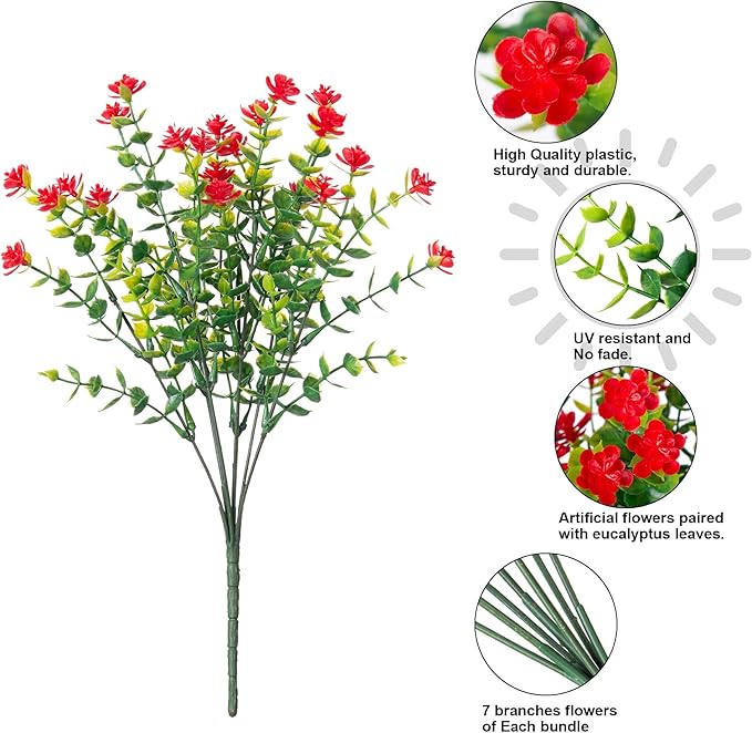 HyeFlora 20 Bundles Artificial Fake Outdoor Plants Flowers for Spring Decoration, UV Resistant Realistic Red Plastic Flowers Faux Plant Monkey Grass for Planter Home Garden Porch Patio Window Box HyeFloraartificialflowers