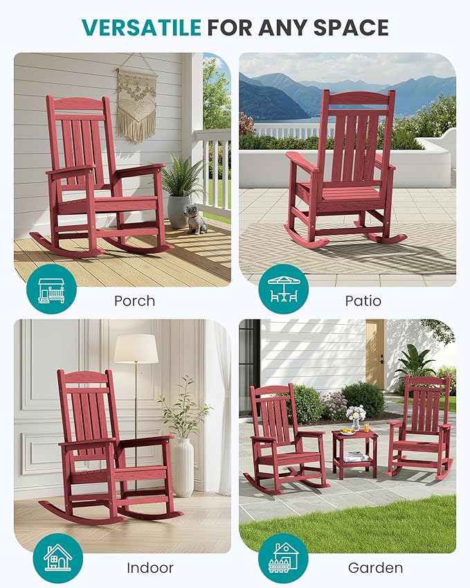 SERWALL Oversized Outdoor Rocking Chair, All-Weather Patio Rocking Chair, HDPE Porch Rocker for Adults, Red SERWALL