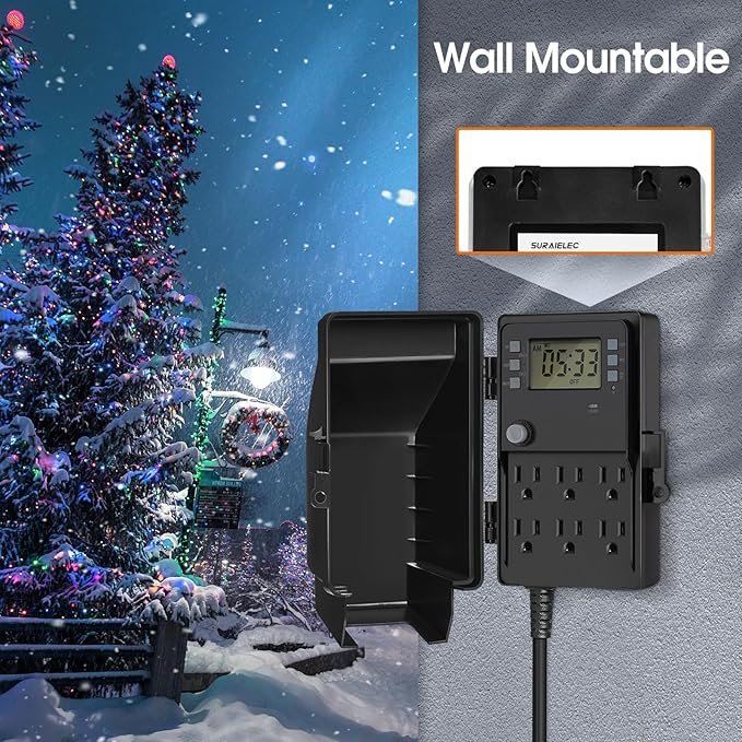 SURAIELEC Outdoor Power Stake, 7-Day Programmable Digital Timer, Power Strip Weatherproof, 6 Multi Plug Electrical Outlet Waterproof, 6FT Extension Cord for Outdoor Light, Outside Halloween Decoration SURAIELEC