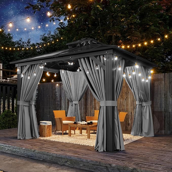 Aoxun 10'x10' Hardtop Gazebo, Outdoor Polycarbonate Double Top Canopy, Aluminum Frame Gazebo with Netting and Curtains, Sunshade for Patios, Gardens, Lawns, Gray Aoxun