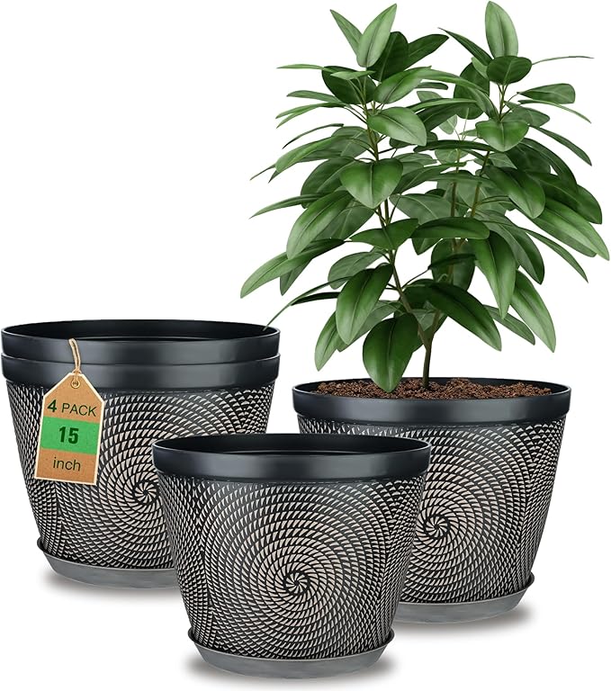 Quarut 15 Inch 4 Pack Large Plant Pots, Plastic Flower Pot for Indoor & Outdoor with Drainage Holes & Saucer, Circle Pattern Planters Garden Pots for Herbs Quarut