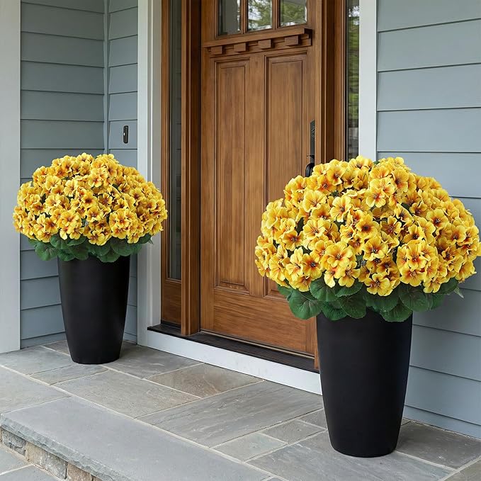 2 Pack Artificial Geranium Flowers Topitary Trees for Outdoors, UV Resistant Geraniums Potted Bushes Look Real Silk Faux Plants for Front Door Garden Porch Planter Farmhouse Home Decor (Yellow) GLIDLION