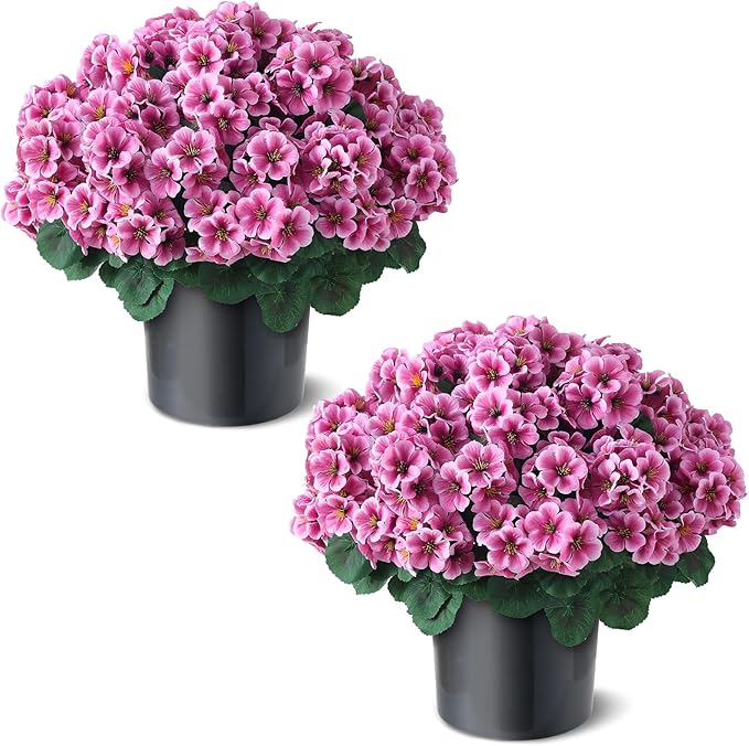 2 Pack Artificial Geranium Flowers Topitary Trees for Outdoors, UV Resistant Geraniums Potted Bushes Look Real Silk Faux Plants for Front Door Garden Porch Planter Farmhouse Home Decor (Pink) GLIDLION