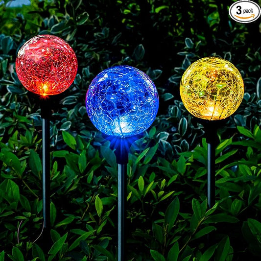 SOLPEX Solar Garden Lights 3 Pack, Solar Lights Outdoor Decorative, Solar Globe Lights Outdoor Waterproof for Yard and Garden, Multi-Color Changing Cracked Glass Ball LED Lights Solpex