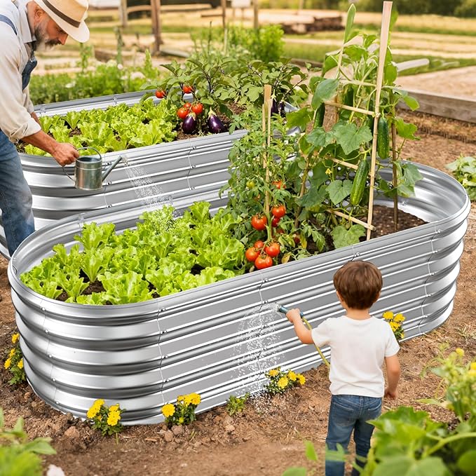 17" Tall Outdoor Garden Raised Garden Bed Kits, 5ft X 2ft Oval,0.8MM Thick Metal Raised Planter Bed/Ground Planter Box for Variety of Flowers,Herbs,Vegetables (Silver, 60X24X16.5 Inches) YSEJOMP