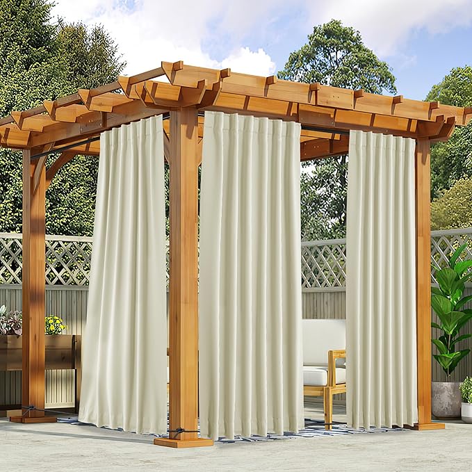 NICETOWN 2 Panels Outdoor Curtains Waterproof Pocket & Back Tab on Top & Bottom, Thermal Insulated Windproof Sun Blocking Outside Privacy Drapes for Patio with Fixed Rope, W52 x L84, Beige NICETOWN