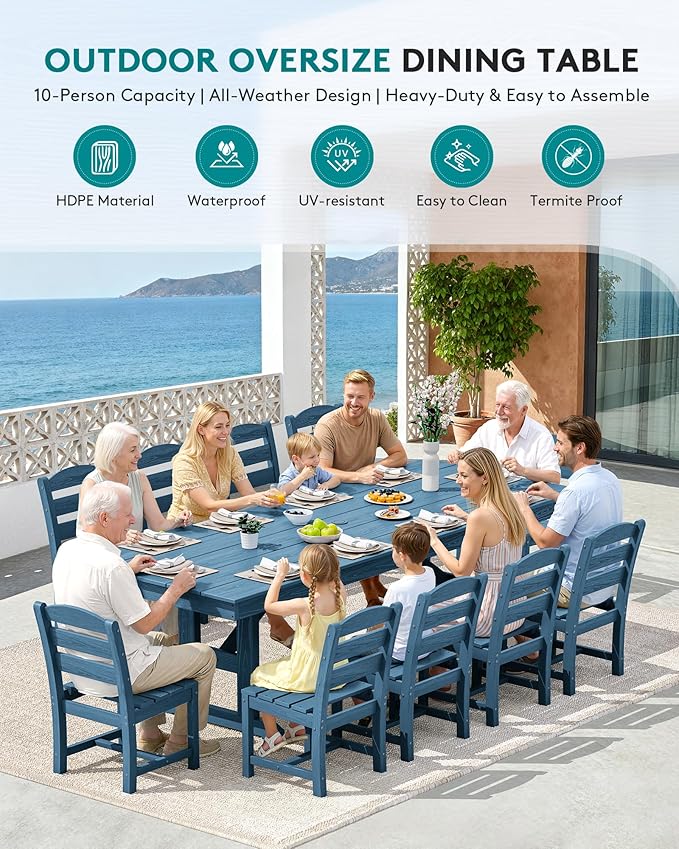 SERWALL Outdoor Dining Chairs Set of 4, All-Weather HDPE Patio Chair with 19.7" Widened Seat, for Backyard, Garden, Blue SERWALL