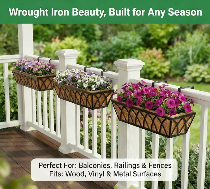 Y&M 24 Inch Window Deck with Coco Liner, Fence Metal Hanging Flower Planter Window Basket Deck Railing Planter Boxes for Outdoor Garden Lawn,6pcs YM