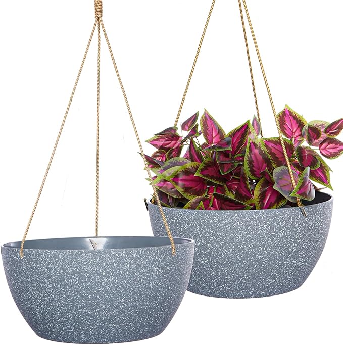 12 Inch 2 Pack Large Hanging Planters for Indoor Outdoor Plants, Plastic Hanging Basket Pots for House Plants Flowers, Grey SwinDuck