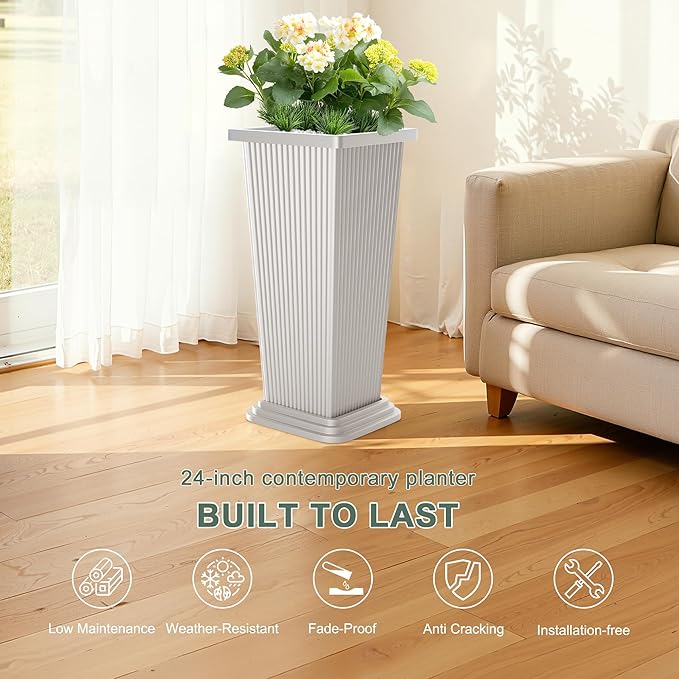 Tall Outdoor Planters Set of 2, 24" Tapered Outdoor Tall White Planter for Front Porch, Large Indoor Modern Planter Flower Pots with Tray, Drainage Holes (Ribbed) PolarcoForgeco