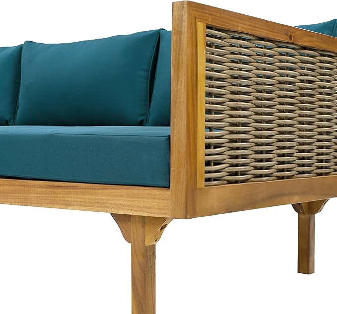 Merax 67.5" Outdoor Patio Daybed 3 Seater Sofa Bed,Acacia Wood Frame with Rattan Arm,Cushion & Pillow for Courtyard Merax