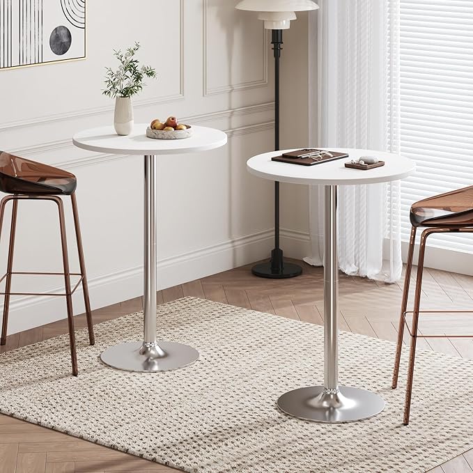 Flamaker Round Bistro Pub Table Modern Style Metal Base MDF Top Cocktail Bar Table Counter Bar Height for Pub, Dining Room, Party (1, White-Silver) Flamaker