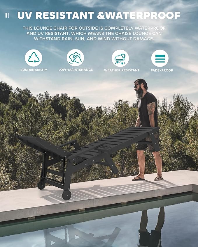 SERWALL Patio Chaise Lounge Chair Set of 4, 5 Positions Adjustable Poly Outdoor Lounger for Pool, HDPE Lounge Chair with Rolling Wheels & Cup Holder for Poolside, Deck, Obsidian Black SERWALL