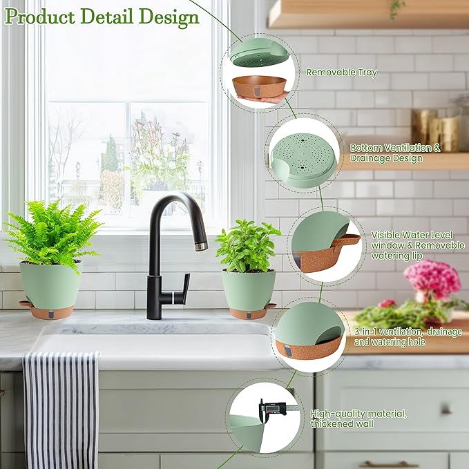 Self Watering Pots for Inoor Ourdoor Plants 10/9/8/7/6.5 Inch Plastic Planters with Drainage Holes & Water Level Indicator, Decorative House Flower Nursery Planting Pots with Saucers (Green) Fielda