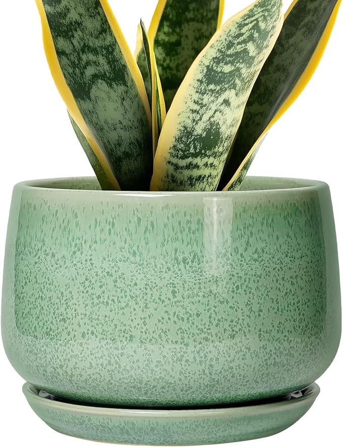 G EPGardening Ceramic Plant Pot - 7 Inch Ceramic Planter for Indoor Outdoor Plants, Flower Pot with Drainage Hole and Tray, Modern Round Planter, Plants Lovers Gifts, Home Garden Decor, Green GEPGardening