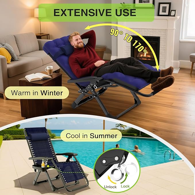 Suteck Zero Gravity Chair Set of 2, Reclining Camping Lounge Chair w/Removable Cushion, Upgraded Lock and Cup Holder, Reclining Patio Chairs Folding Recliner for Indoor and Outdoor Suteck