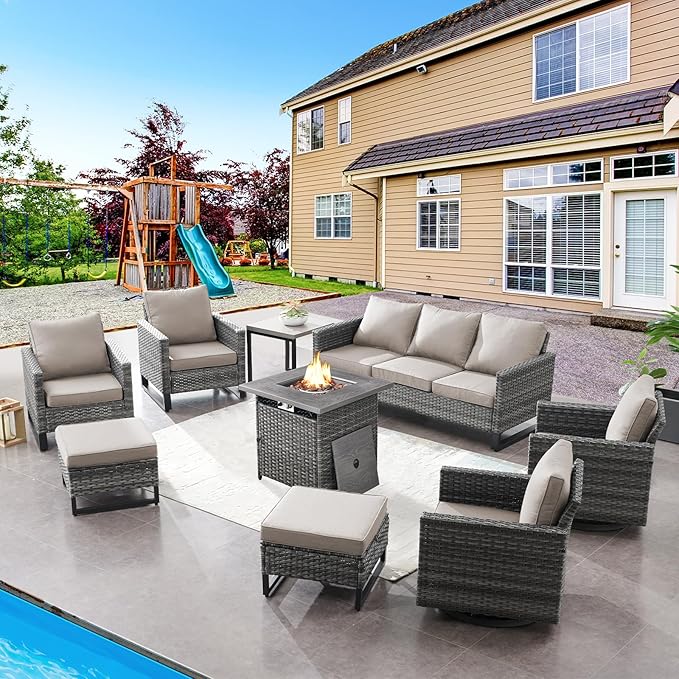 Belord Patio Furniture Set with Fire Pit Table: 9 Pieces Wicker Oversize Patio Conversation Set with Outdoor Swivel Glider Rocker Rattan Couch Ottomans, Anti-Rust Frame, Removable Cushion Beige Belord