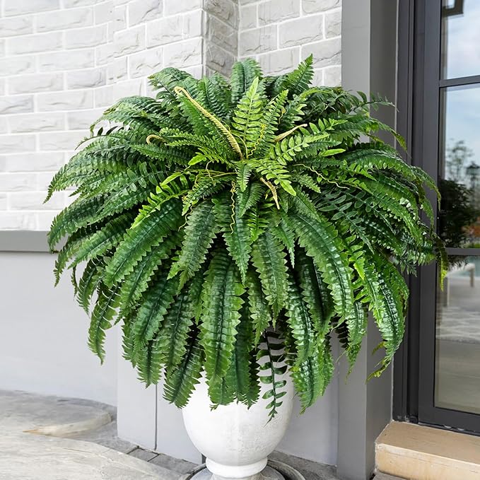 MARTINE MALL 2Pcs 48'' Fake Ferns Look Real Artificial Ferns for Outdoors, 88 Branches Large Faux Boston Fern for Outdoor Planter Realistic UV Resistant Hanging Artificial Fake Plants for Porch Patio MARTINEMALL