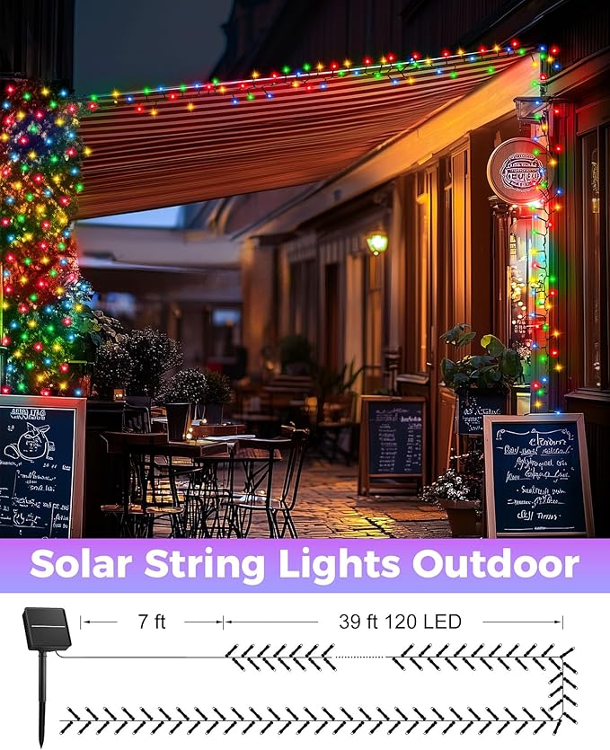 Brightown 2 Pack Solar String Lights Outdoor, Each 46Ft 120 LED Solar String Lights for Outside with 8 Modes, IP65 Waterproof Solar Outdoor Lights for Patio Garden Christmas Decorations, Multicolor Brightown