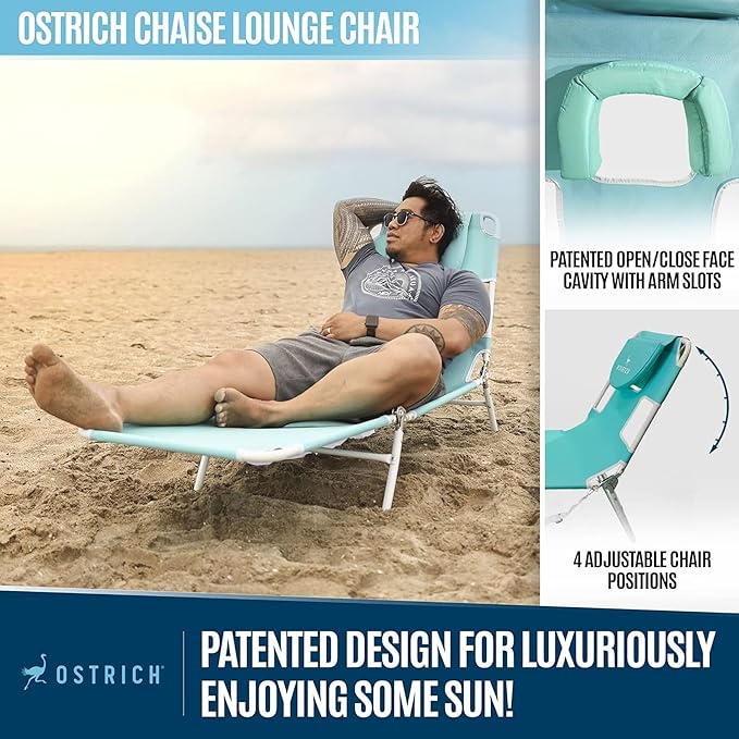 Ostrich 72 by 22 Inch Versatile Chaise Lounge Portable Reclining Lounger, Outdoor Patio, Beach, Lawn, Camping, or Pool Tanning Chair, Aqua OstrichProducts