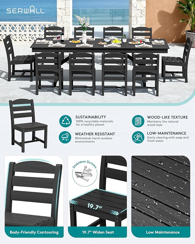 SERWALL Outdoor Dining Chairs Set of 4, All-Weather HDPE Patio Chair with 19.7" Widened Seat, for Backyard, Garden, Black SERWALL