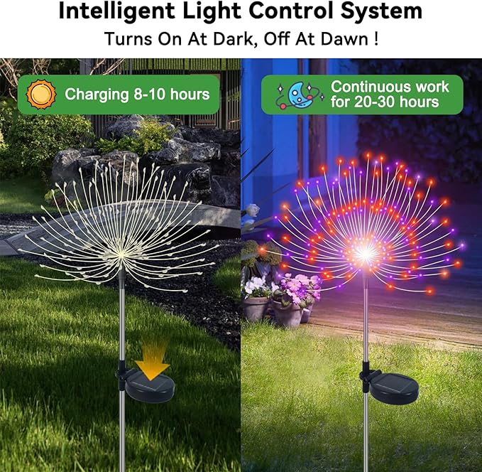 Solar Garden Lights Outdoor Waterproof, 2 Pack 120 LED Solar Firework Lights Decorative Garden Décor Outside for Flowerbed Pathway Party Halloween Christmas Decorations, Purple + Orange Slyuexu