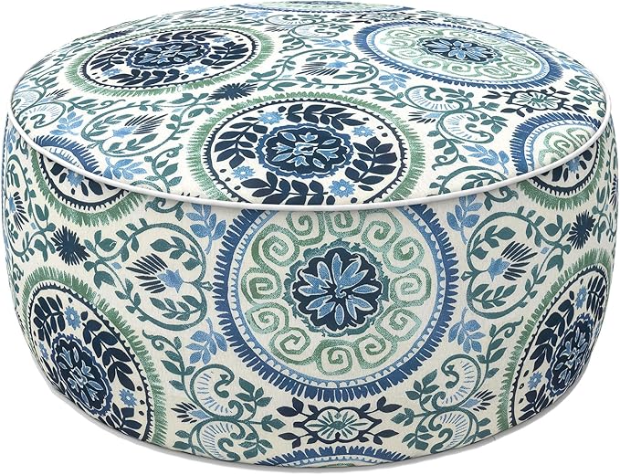 LVTXIII Indoor/Outdoor Inflatable Ottoman with Handle D21 x H9 Inch, Weather-Resistant Round Footstool Pouf for Patio Camping Living Room, Portable Footrest Extra Seating, Coastal Medallion LVTXIII