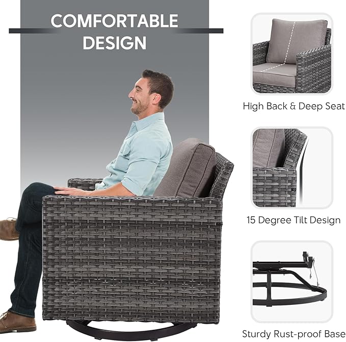 Belord Outdoor Sectional Furniture with Swivel Rocker Chair, 10 Pieces Wicker Patio Furniture Sets with Ottoman L Shaped Sofa Coffee Table Grey Cushion Belord