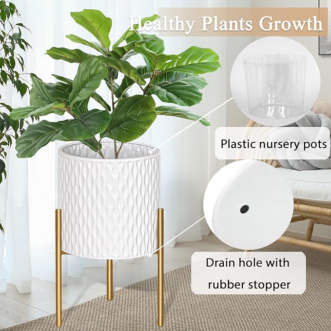 ARNIS Plants Pots with Stand, Set of 2 P lanters, Unique Mid Century Decorative Metal Flower Pots with Drainage, 8.25 & 10.5 Inch, White and Gold ARNIS