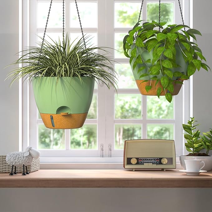 ZMTECH 12 Inch Hanging Planters for Indoor Outdoor Plants, 2 Pack Self Watering Hanging Plant Pots with Drainage Hole, Visual Reservoir, Plastic Flower Hanging Pots with Watering Lip (Green) HighQualityGardeningTools
