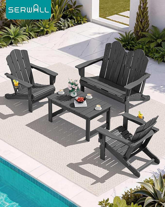 SERWALL Outdoor Coffee Table with 1.69" Umbrella Hole, HDPE Patio Coffee Table for Outside, Rectangle, Gray SERWALL