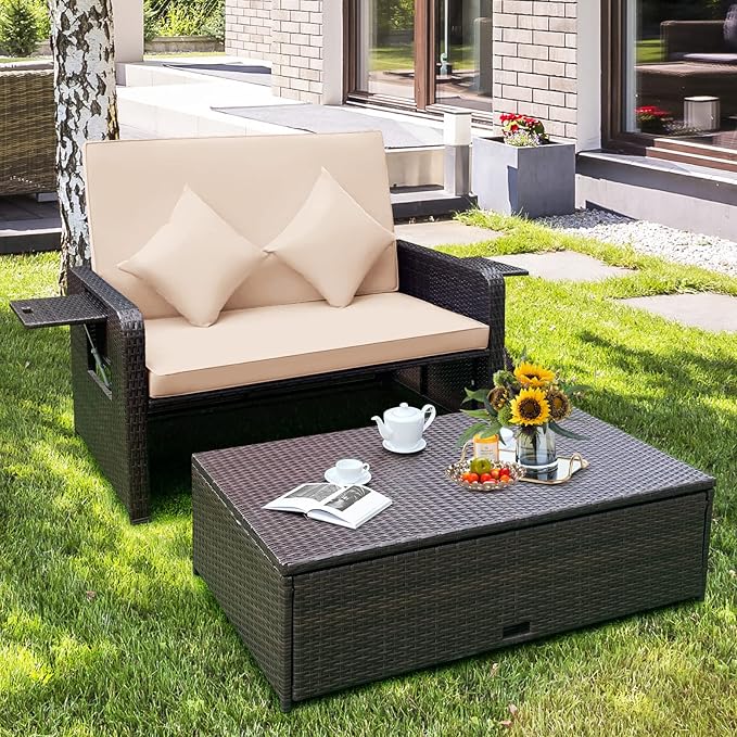Tangkula Patio Rattan Daybed with 4-Level Adjustable Backrest, Outdoor PE Wicker Loveseat with Storage Ottoman & Folding Side Tray, Double Sunbed Lounger for Balcony, Backyard & Poolside TANGKULA